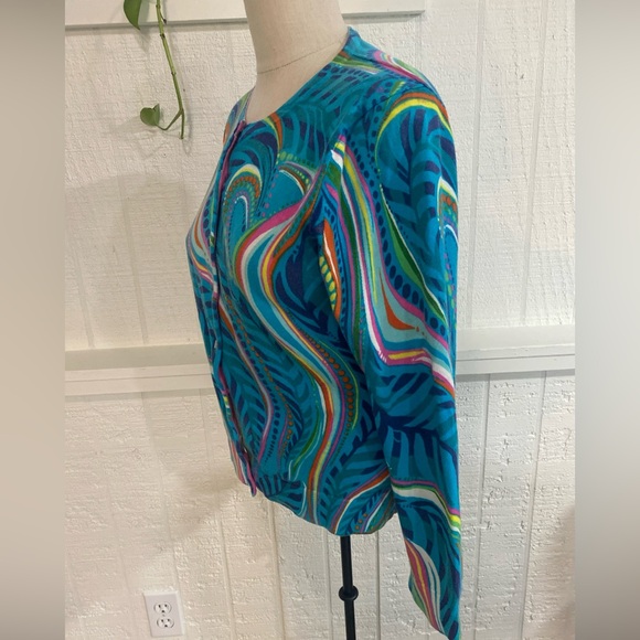 Lilly Pulitzer Cotton Button Up Cardigan Sweater Blue Multicolor Swirl Design M - Picture 4 of 11